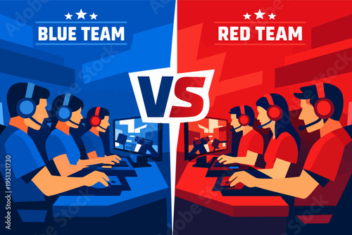 Esport teams competing in a video game tournament in a blue versus red setup