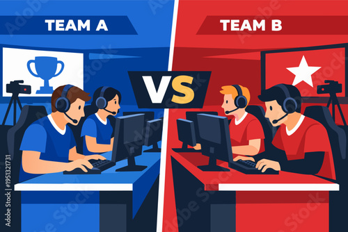 ESports teams competing in a gaming tournament with players wearing headsets