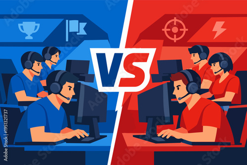 Esports teams competing in gaming tournament, blue versus red players