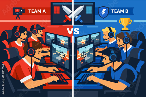 ESports gaming teams competing in online video game tournament with players