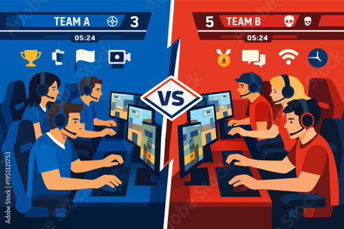 E-sports competition with gaming teams playing video games online