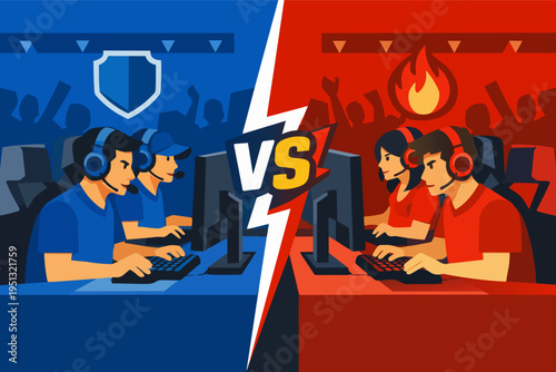 Esports gaming team match. Players competing in online video game tournament concept