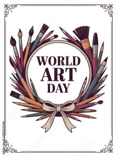 World Art Day with Decorative Art Brushes Wreath Illustration