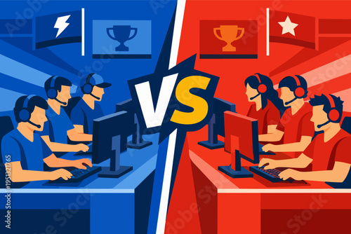 ESports teams playing in online video game competition versus battle