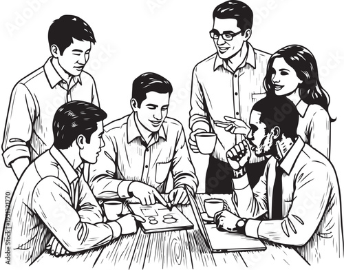 group of people in a business meeting, hand drawn simple sketch vector illustration