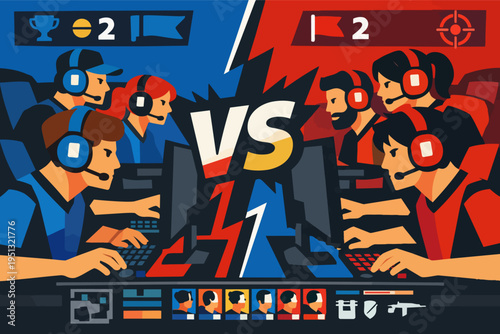 Esports teams of gamers playing a competitive video game battle online