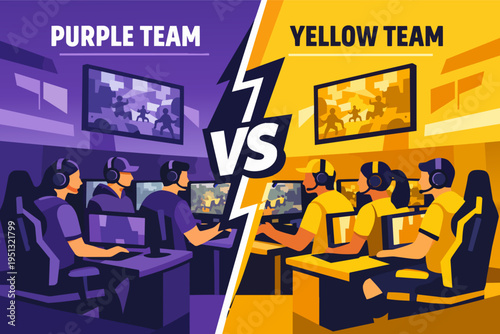 Gaming teams of players competing in an e-sports tournament on computers