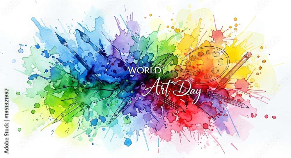 Obraz premium A vibrant illustration celebrating World Art Day with colorful paint splatters and artistic tools