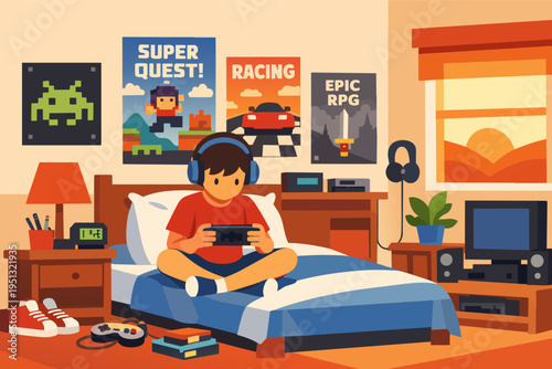 Casual young gamer playing video games on bed in retro styled bedroom