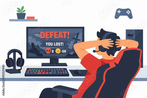 Gamer relaxing in chair after a losing game, seeing defeat on screen