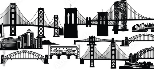 Famous world bridges silhouettes set featuring Golden Gate Brooklyn and Sydney Harbor bridge landmarks isolated on white background for travel and architectural design