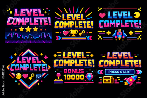 Retro gaming level complete screens with pixel art UI elements
