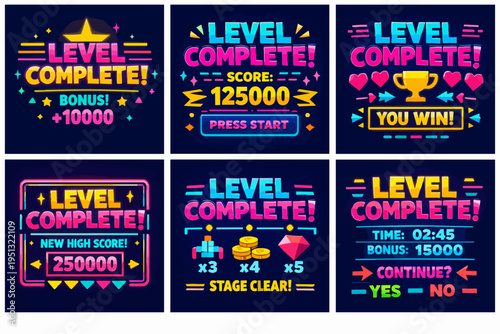 Level complete screens for retro arcade and video games, showing bonus score and win