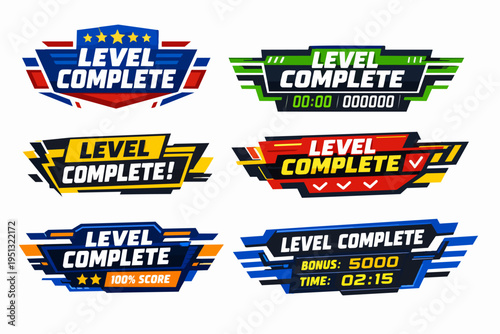 Gaming Level Complete banners, displaying success and achievement in arcade style