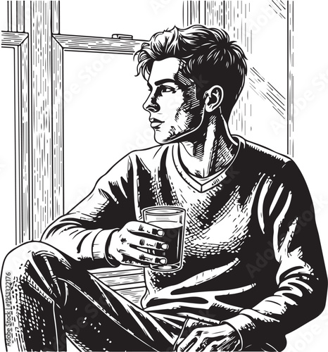 A young man sitting by a window, hand drawn simple sketch vector illustration