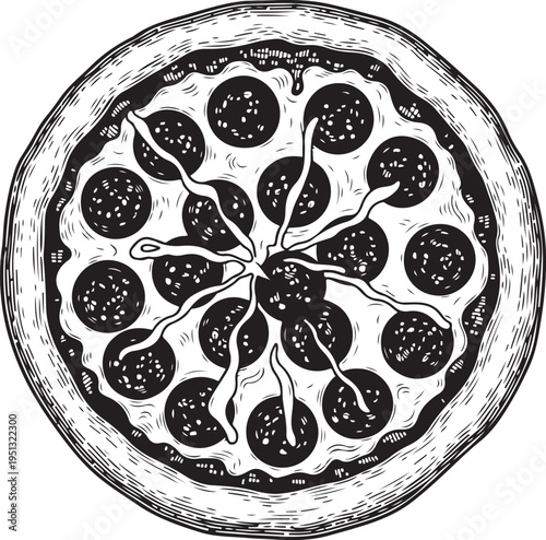 Pepperoni pizza, hand drawn simple sketch vector illustration