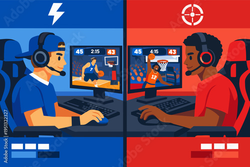 Competitive esports gamers playing online basketball video game match