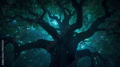 Magical ancient oak tree in a mystical forest at night with bioluminescent glow.