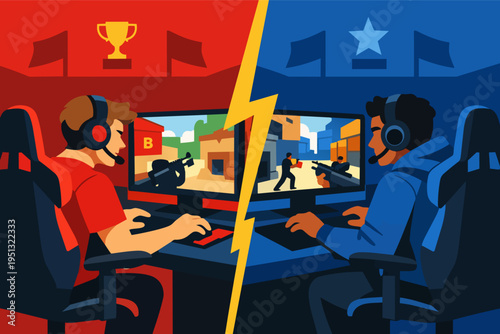 Professional eSports gamers competing online, playing a first person shooter video game