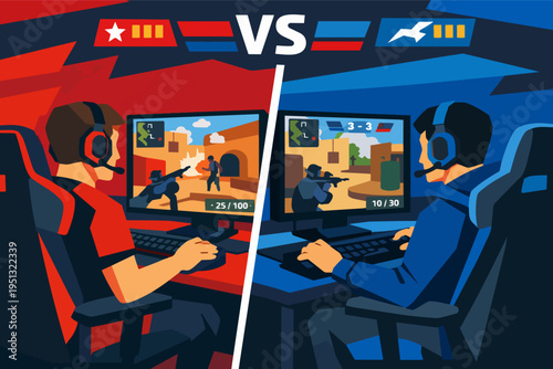 Professional gamers competing in a dynamic eSport tournament with opposing teams