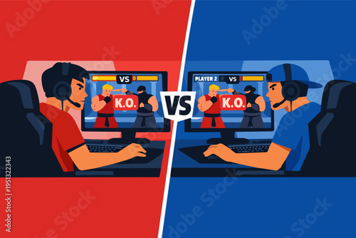 Professional esports players competing online in a video game tournament versus each other