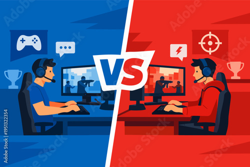 Gamers competing in a vs battle, online esports tournament or match