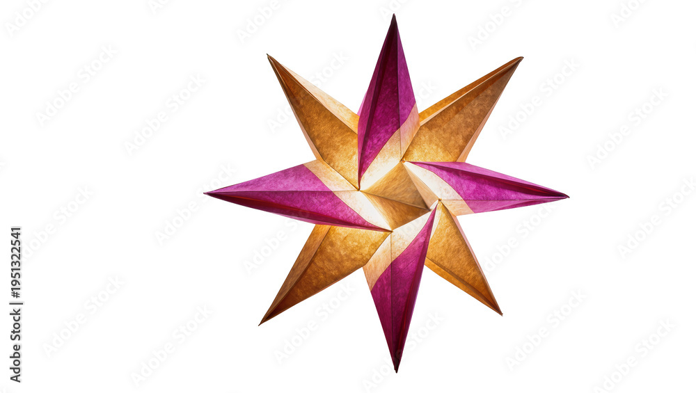 Fototapeta premium Isolated intricately folded golden and magenta star-shaped paper lantern for festive decor