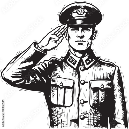 Saluting soldier, hand drawn simple sketch vector illustration