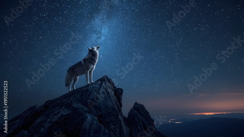 Wolf howling at the stars on high mountain summit at night