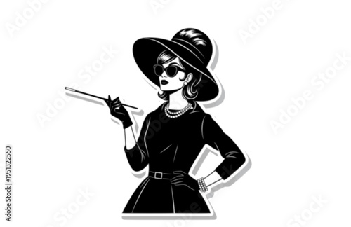 Sophisticated 1960s Film Actress Silhouette, Iconic Hollywood Star Vector Sticker, Elegant Vintage Cinema Fashion Illustration