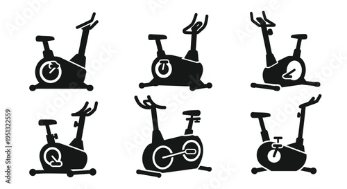Six black exercise bikes arranged in a grid simple silhouette