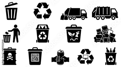 a collection of black icons on a white background depicting various recycling and trash concepts, including recycling symbols, trash cans, garbage trucks, and hazardous waste