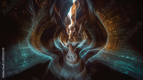 Surreal Underground Canyon with Glowing Bioluminescent Textures and Magic Light