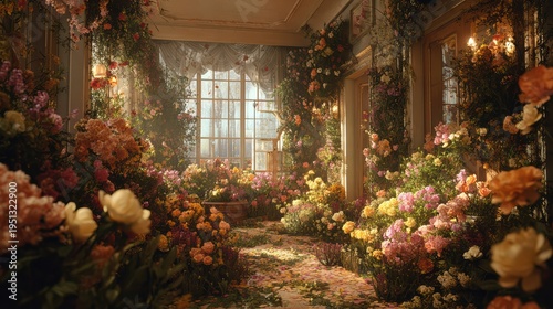 Floral-filled interior scene, flowers covering the entire room without gaps, vibrant and fresh atmosphere, magical indoor garden, cinematic realism, 8k
