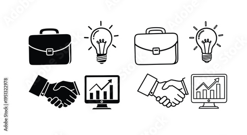 Business concepts with briefcases handshakes and lightbulbs silhouette