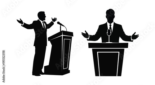 Two speakers at podiums gesturing while addressing an audience silhouette