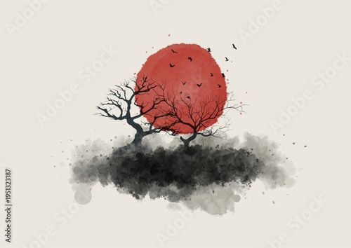 Japanese themed hand painted watercolour landscape design