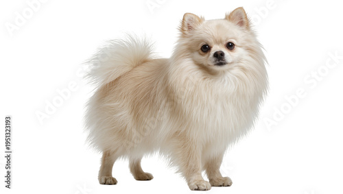 Photos Isolated fluffy cream Pomeranian dog standing and looking at the camera, cute sm