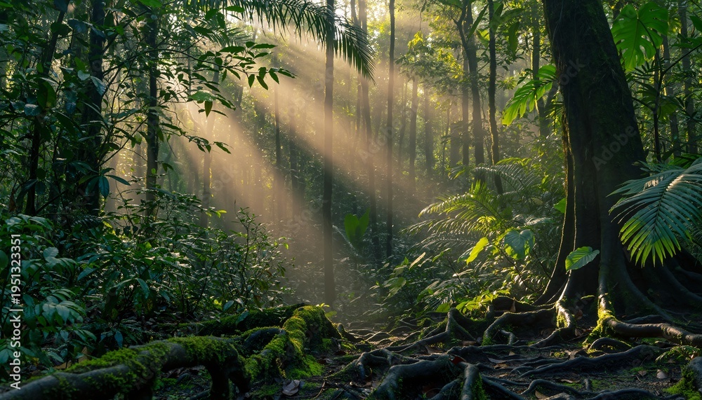 Obraz premium Golden sunbeams pierce through the vibrant green canopy of a serene tropical forest, illuminating the lush nature within