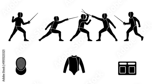 a set of black silhouettes depicting various fencing poses with a mask, jacket, and piste on a white background, ideal for sports or athletic illustrations