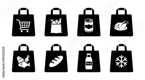 a set of black reusable shopping bags with various white grocery icons on a plain white background, representing eco-friendly shopping and sustainable living