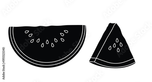 Two watermelon slices depicted in a stark black outline silhouette
