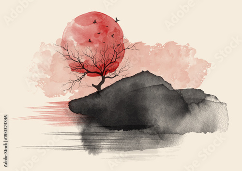 Minimal abstract hand painted Japanese themed watercolour landscape design 
