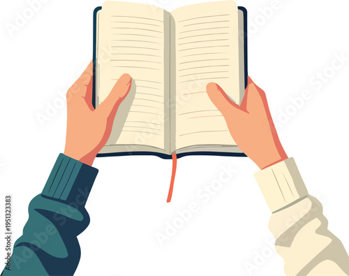Illustrazione vettoriale di mani che aprono un libro. Concetto di lettura, conoscenza, studio, apprendimento e scoperta, ideale per educazione, cultura e contenuti editoriali.