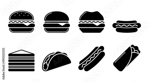 A collection of fast food icons including burgers, hot dogs, tacos, and sandwiches in black silhouette on a white background, ideal for use in menus, advertisements, or food-related designs.