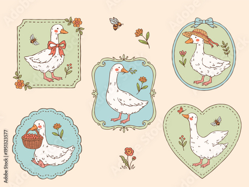 Cottagecore goose vector set in decorative frames, hand-drawn whimsical doodle style. Geese in different poses with rustic, floral elements. Decorative clipart for prints, fabric and packaging
