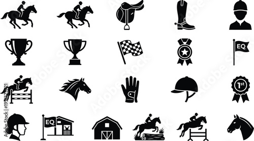 Equestrian sports icons set featuring horse riding silhouettes jumping hurdles racing jockey gear trophies and riding equipment isolated on a clean white background