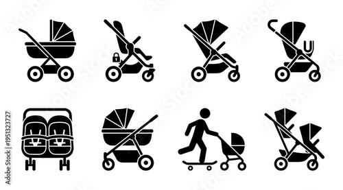 A set of black and white icons depicting various baby strollers and a person pushing one, ideal for use in design, advertising, and educational materials related to parenting and childcare.