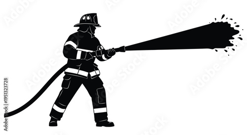Firefighter actively spraying water from a hose dramatic black silhouette