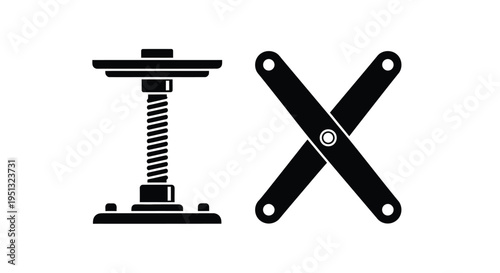 Mechanical components including a spring and linkage in black silhouette